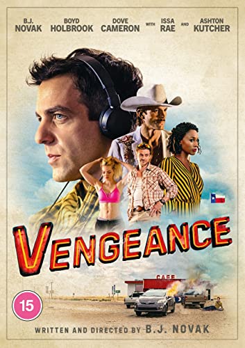 Vengeance" DVD cover featuring B.J. Novak and other actors in a Texas landscape.
