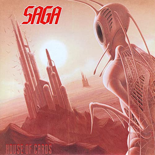 Album cover for Saga’s “House Of Cards” featuring insect-like figure and city.