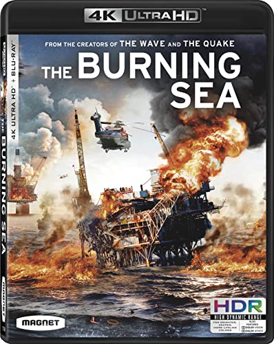 Burning Sea Blu-ray cover: oil rig fire with helicopter, 4K Ultra HD.
