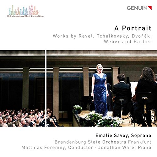 A woman in a blue dress sings on stage with an orchestra.