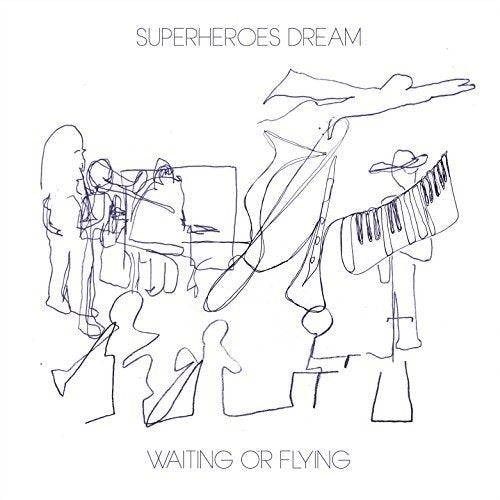 The image shows a black and white album cover with a simple line drawing of musicians. For accessibility purposes, a suitable alt text could be: "Black and white album cover with simple line drawing of musicians."