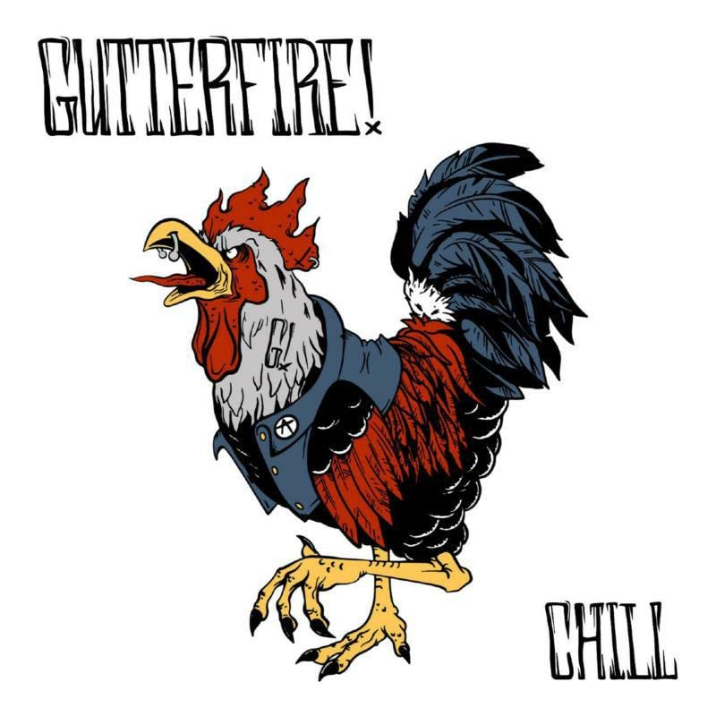 CD cover for Gutterfire! - Chill, featuring a cartoon rooster in a jacket.