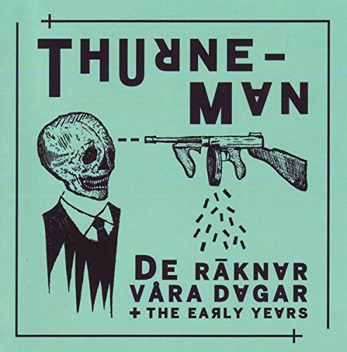 "Album cover with three skeletons in suits and a gun on a green background."