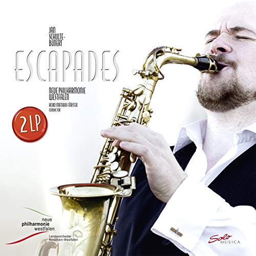 Album cover: Man playing a saxophone, text “Escapades”, and orchestra details.