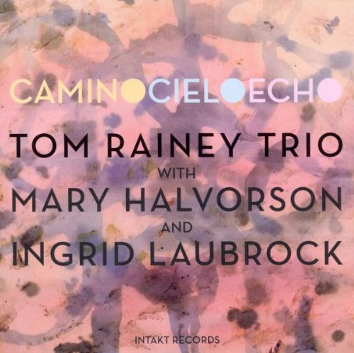 "Album cover with pastel background, abstract splatters, and artist names in black and colored text."