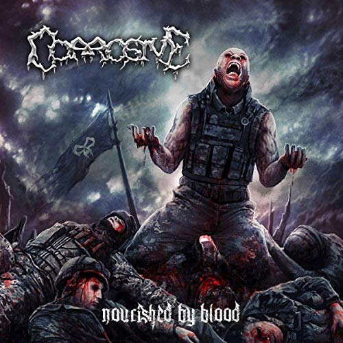 Album cover art depicting a zombie-like soldier standing over dead bodies with a flag.