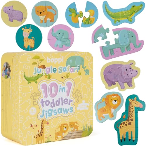 10 in 1 Progressive Jigsaw Puzzles for Toddlers 18 Months and Up - Jungle Animal Toddler Puzzles/Child Development Toys/Montessori Toys - Jungle Safari Puzzle by boppi Made with 100% Recycled Card