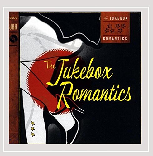 "Album cover with a man holding a red umbrella, titled 'The Jukebox Romantics'."