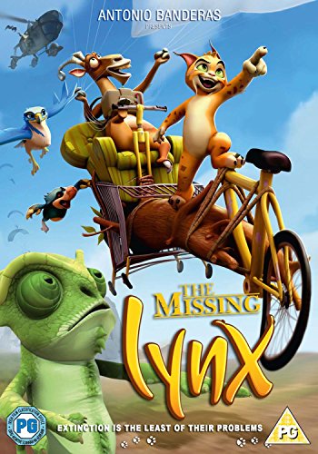 "The Missing Lynx" DVD cover featuring cartoon animals on a bicycle against a blue sky.