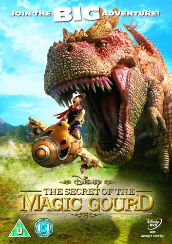 DVD cover featuring a boy riding a gourd near a large dinosaur.