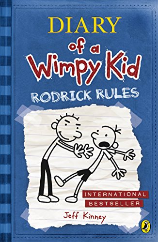 "Blue book cover with cartoon characters and text 'Diary of a Wimpy Kid: Rodrick Rules'."
