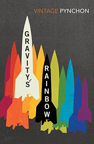 "Book cover of 'Gravity's Rainbow' by Vintage Pynchon, featuring colorful rocket silhouettes on grey."