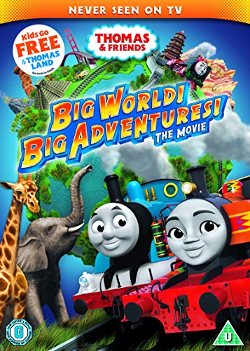 "Colourful DVD cover featuring Thomas the Tank Engine and friends in global landscapes."