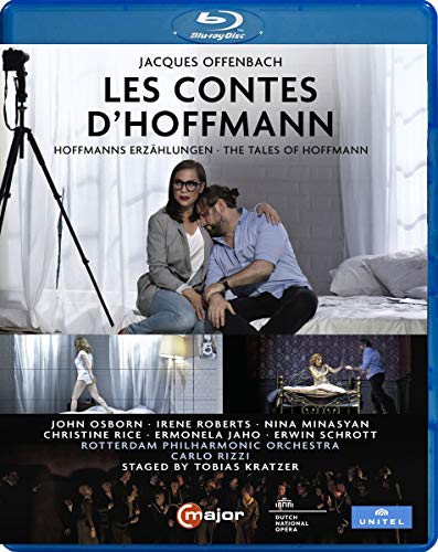 "Blu-ray case cover with opera scenes and cast list, blue border."