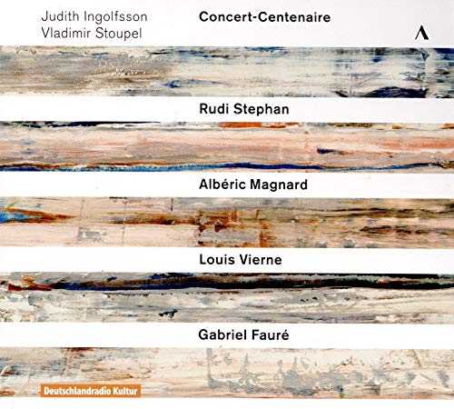 "CD cover with abstract painting and composer names on white background."