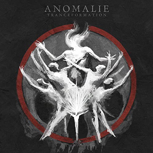 Album cover: grayscale figures within a red circle, abstract and ethereal.