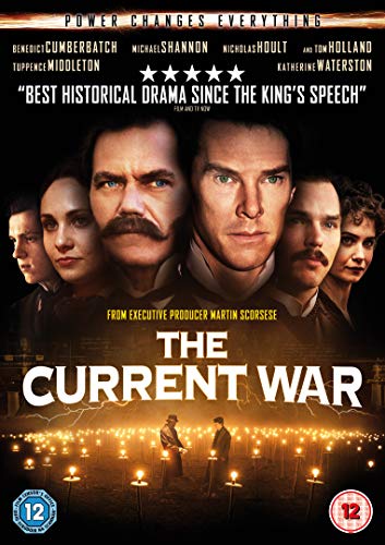 "The Current War" DVD cover featuring actors' faces and lit street lamps at night.
