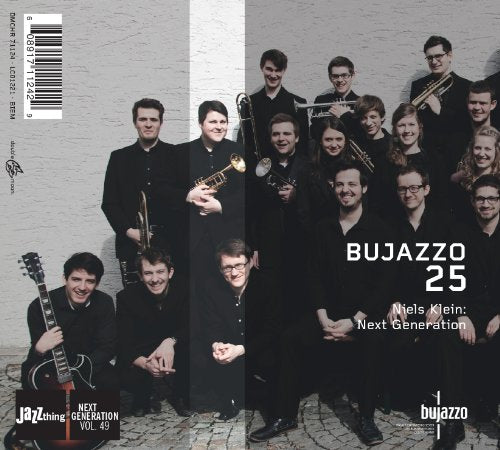 "CD cover featuring 15 musicians in black, holding various jazz instruments, posed together."