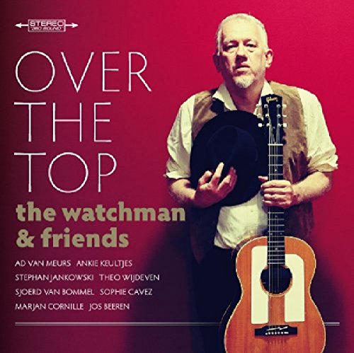 Album cover featuring a man holding a guitar and hat against a red background.