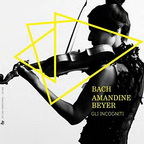 Amandine Beyer's album cover featuring a black-and-white violinist with yellow geometric shapes.