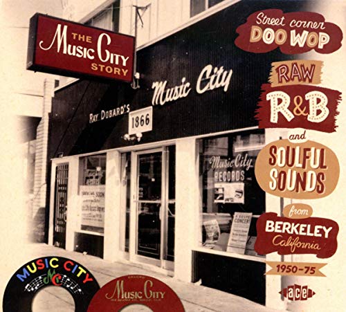 Vintage photo of "Music City" record store storefront with signage and logos.