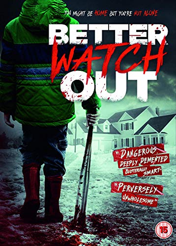 "Movie cover featuring a person in a green coat holding an axe, with suburban houses."