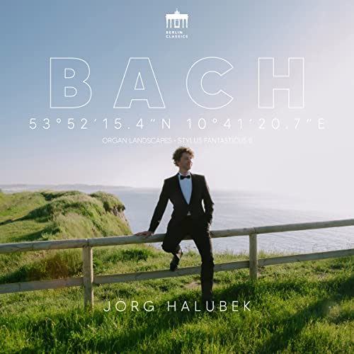 CD cover: Jorg Halubek in suit by grassy coast, "BACH" text.