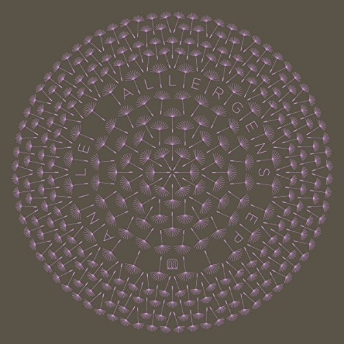 The image is a circular design with dandelion illustrations and text on a brown background. Alt text: Purple dandelions arranged in a circle with text on a brown background.
