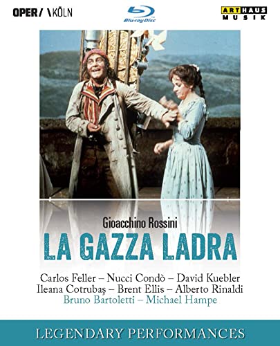Blu-ray cover for La Gazza Ladra featuring a scene with two period-dressed performers.