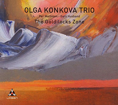 CD cover for Olga Konkova Trio’s “The Goldilocks Zone” with abstract art.