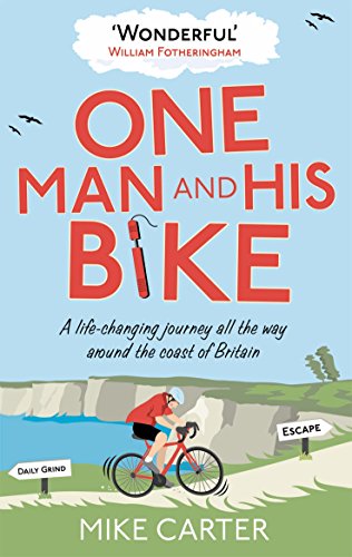 "Book cover of 'One Man and His Bike' featuring a man cycling along a cliff."