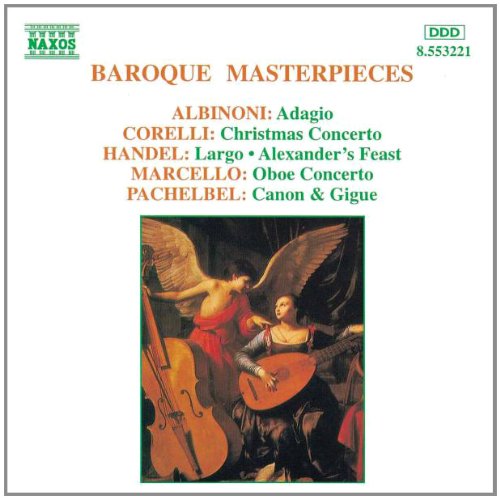 "CD cover with 'Baroque Masterpieces' title and an angel and man playing instruments."
