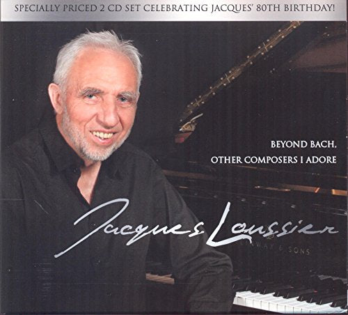 Jacques Loussier smiling beside a piano, with his name in white cursive on the cover.