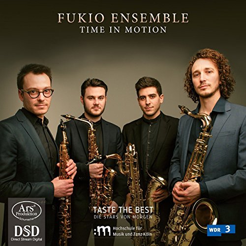 CD cover featuring four men in suits holding saxophones against a grey background.