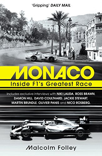 "Book cover featuring black and white images of Formula 1 cars racing in Monaco."