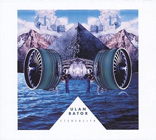 Album cover with airplane engine in water, mountains, and cityscape.