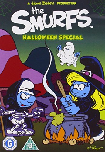 DVD cover featuring cartoon Smurfs in Halloween costumes, with a bubbling cauldron.