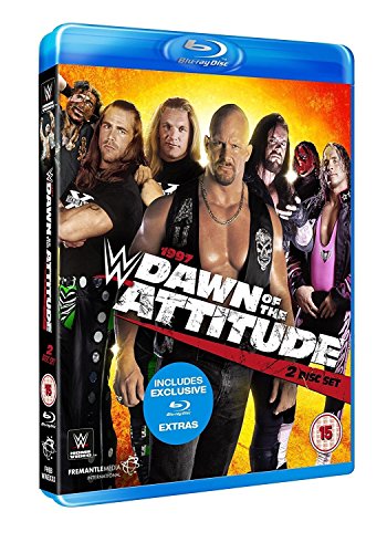 Blue-ray case with wrestlers on the cover, titled "Dawn of the Attitude".