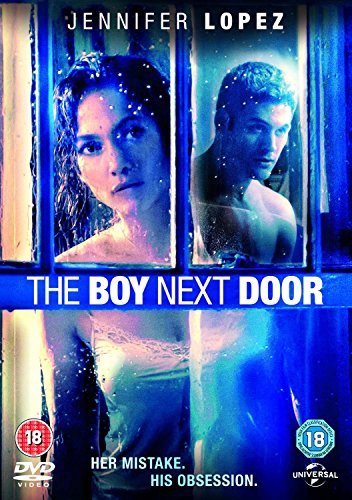 DVD cover for "The Boy Next Door" with a man and woman in a window.