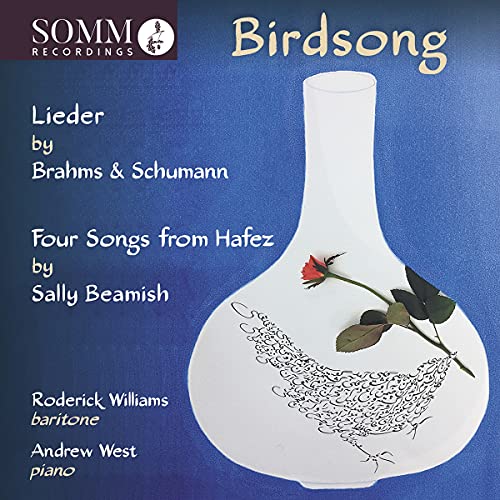 "CD cover featuring a vase with a bird's nest and flower on a blue background."