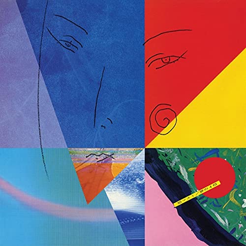 Abstract album art featuring geometric color blocks, simple line-drawn faces, and a red circle.