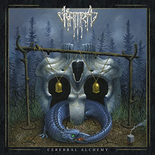 Skull with snake and hanging bells in a misty forest scene.