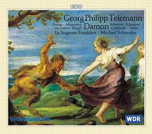 CD cover for Telemann’s “Damon” featuring a classical painting of figures.