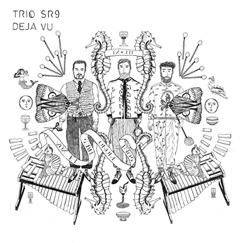 Black and white illustration of three men with seahorses and musical motifs.