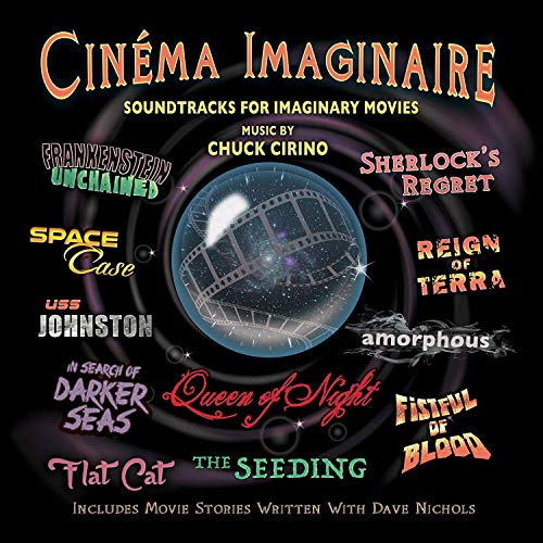 "CD cover with a filmstrip globe and colorful movie titles on a black background."