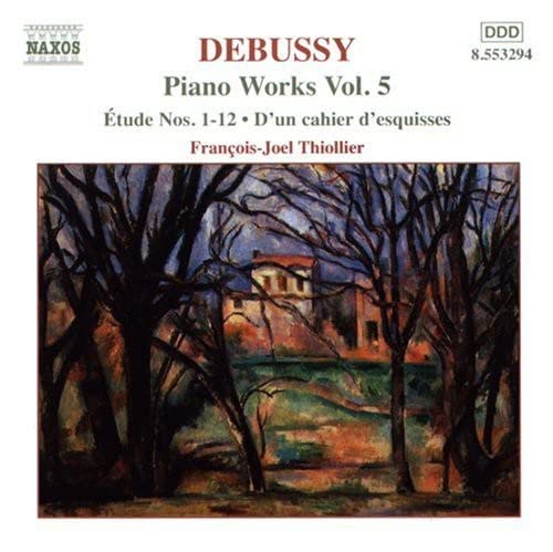 CD cover for Debussy piano works by Francois-Joel Thiollier, with a landscape.