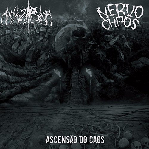 Dark album cover featuring a large skull over a ruined cityscape.