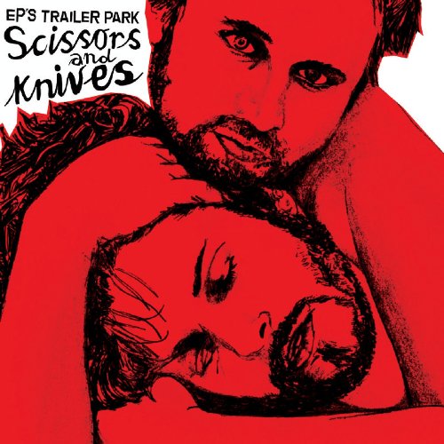 "Red-toned album cover with man holding a woman's head, black text and illustrations."