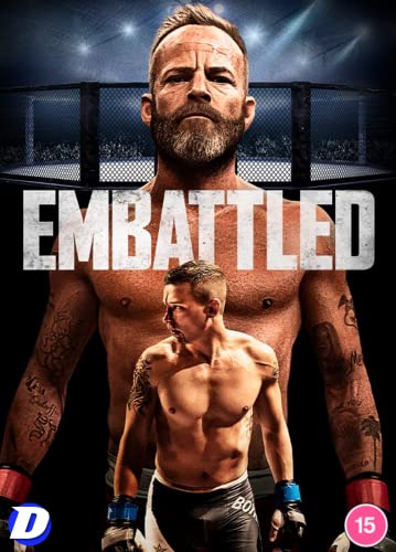 DVD cover for "Embattled" featuring two bruised, tattooed male fighters.