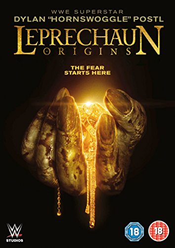 "Leprechaun Origins" DVD cover featuring a hand holding a glowing gold chain.